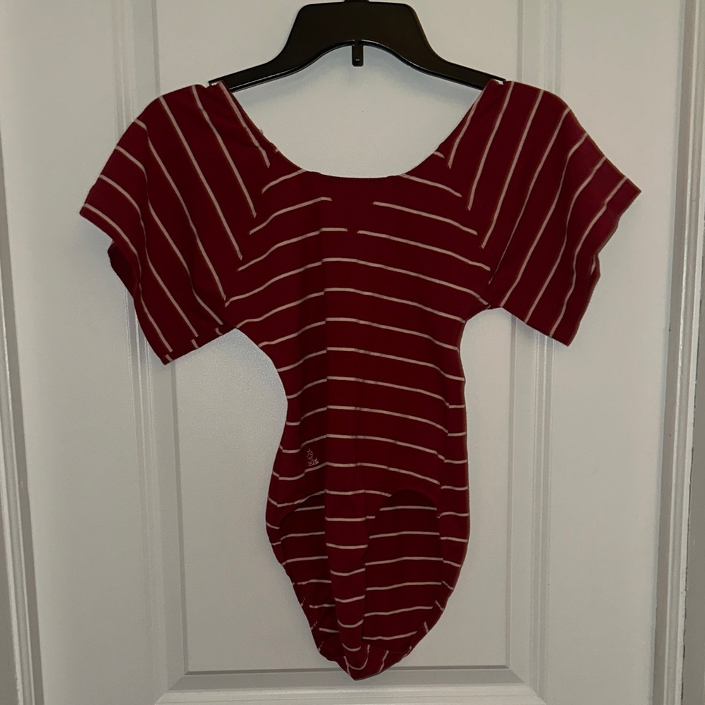 Sears Burgundy and White Striped Cutout Bodysuit